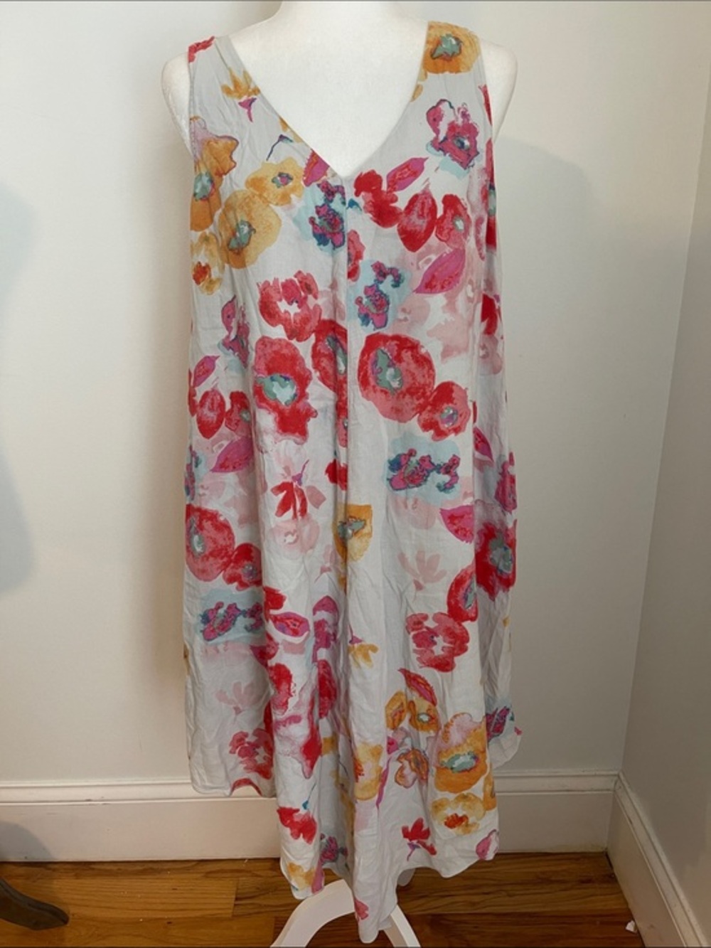 Soft Surroundings Floral Cotton v neck Midi dress ‘medium pink yellow blue